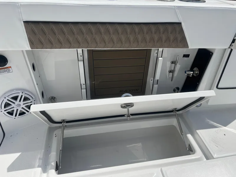 Slide: The Image of 2024 Blackfin 272DC boat storage compartment and speaker system. - 11