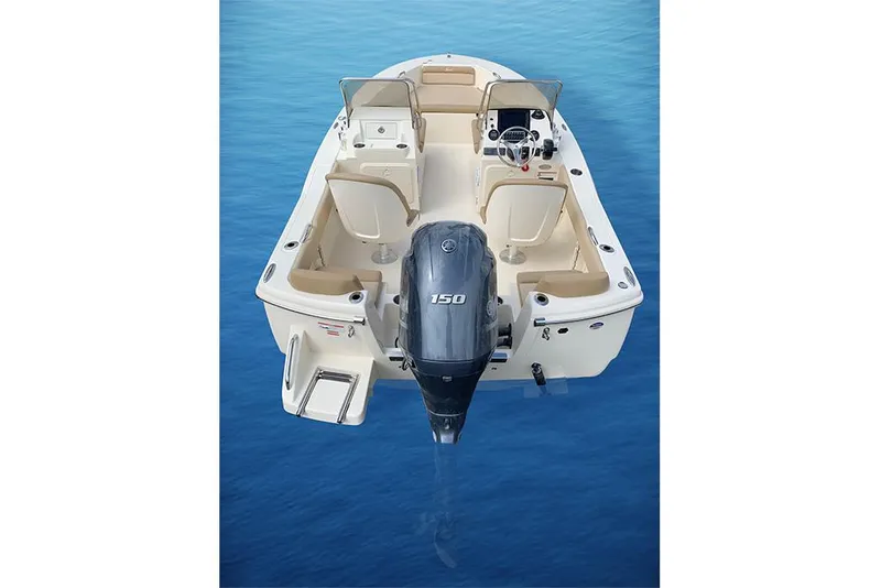 Slide: The Image of 2023 Scout 195 Sport Dorado boat on water, rear view with outboard motor. - 12