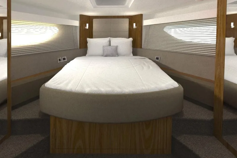 Slide: The Image of Luxurious bedroom interior of 2018 Sea Ray Fly 520 yacht with modern design. - 7