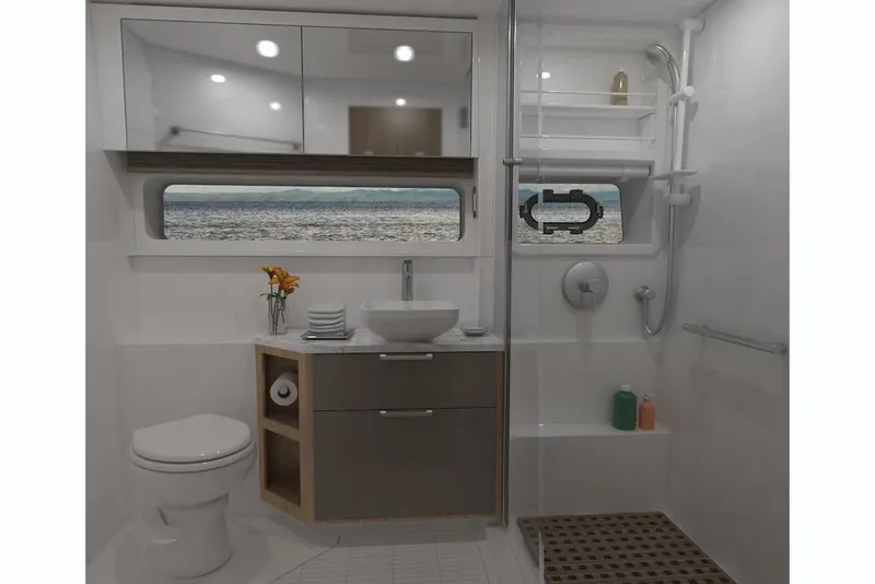 Slide: The Image of Luxurious bathroom in 2018 Sea Ray Fly 520 yacht with ocean view. - 9