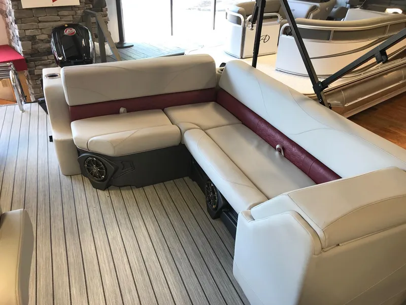 Slide: The Image of Interior of 2021 Avalon 2285 LSZ CRUISE REAR BENCH with beige seating. - 9