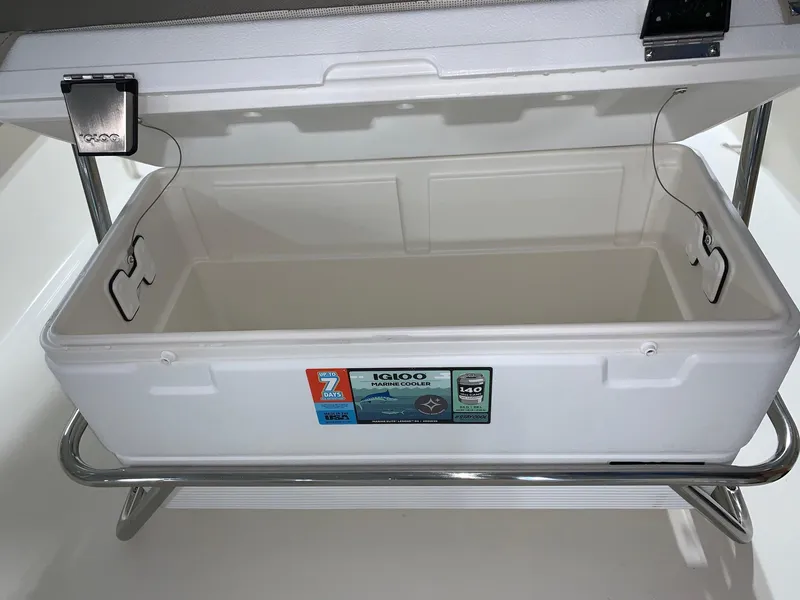 Slide: The Image of Open Igloo cooler on Key West 188 Bay Reef boat, 2026 model. - 9