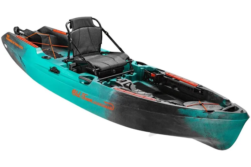 Slide: The Image of 2023 Old Town 106 Sportsman Minn Kota Power kayak, teal and black, with adjustable seat. - 2