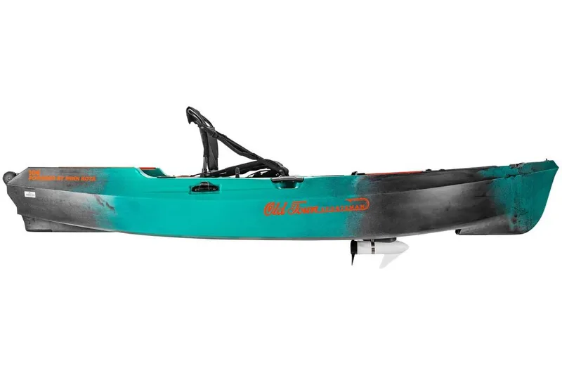 Slide: The Image of 2023 Old Town 106 Sportsman Minn Kota Power kayak, teal and black design. - 4