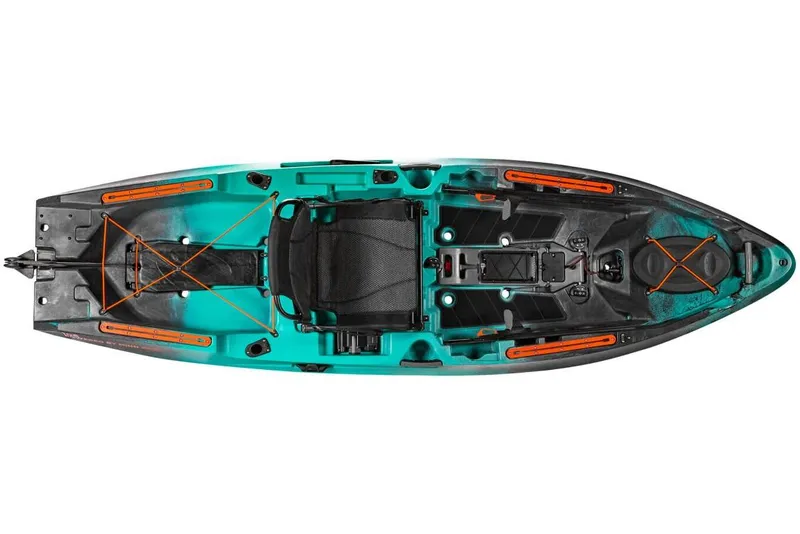 Slide: The Image of 2023 Old Town 106 Sportsman Minn Kota Power kayak, top view, teal and black design. - 6