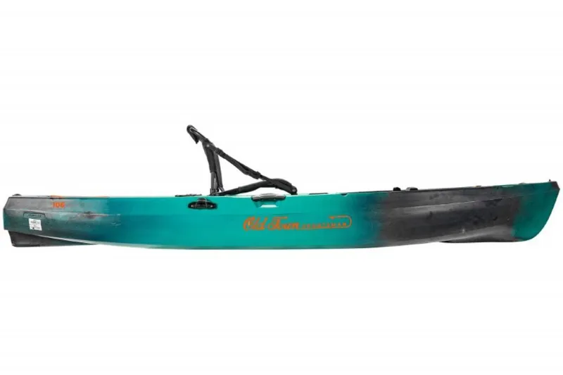 Slide: The Image of 2023 Old Town Sportsman 106 kayak, side view, teal and black design. - 2