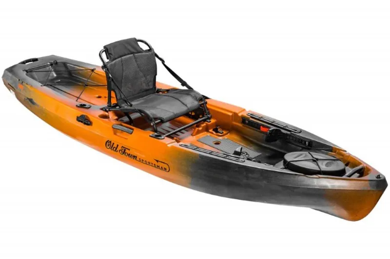 The Image of 2023 Old Town Sportsman 106 kayak, orange and black, with adjustable seat and storage compartments. - 0