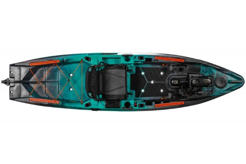Slide: The Image of 2023 Old Town Sportsman Autopilot 120 kayak, top view, teal and black design. - 10