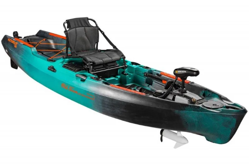Slide: The Image of 2023 Old Town Sportsman Autopilot 120 kayak, teal and black, with motor and adjustable seat. - 3