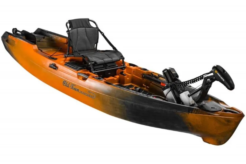 Slide: The Image of 2023 Old Town Sportsman Autopilot 120 kayak, orange and black, with adjustable seat and motor. - 4