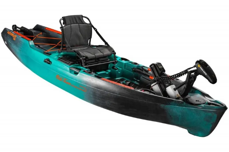 Slide: The Image of 2023 Old Town Sportsman Autopilot 120 kayak, teal and black, with adjustable seat and motor. - 5