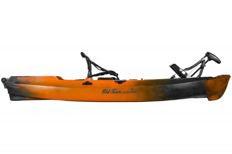 Slide: The Image of 2023 Old Town Sportsman Autopilot 120 kayak, orange and black, side view. - 6