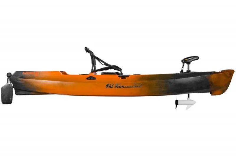 Slide: The Image of 2023 Old Town Sportsman Autopilot 120 kayak, orange and black, side view. - 8