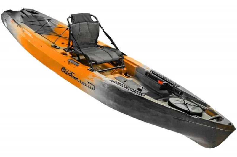 Slide: The Image of 2023 Old Town Sportsman 120 Kayak, orange and black, featuring adjustable seat and storage compartments. - 0