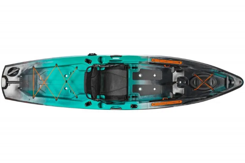 Slide: The Image of 2023 Old Town Sportsman 120 Kayak, top view, teal and black design, fishing features. - 2
