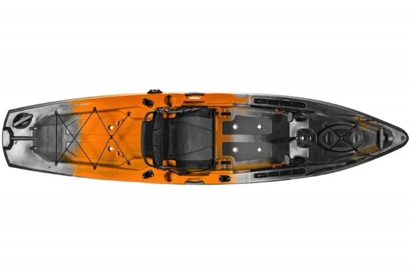 Slide: The Image of 2023 Old Town Sportsman 120 Kayak, orange and black, top view. - 3
