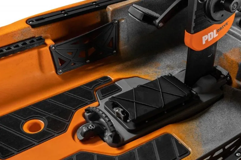 Slide: The Image of 2023 Old Town Sportsman PDL 120 kayak pedal drive system, orange and black design. - 7