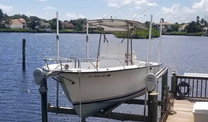 The Image of 1977 Pace Wahoo boat docked on a sunny waterfront with houses in the background. - 0