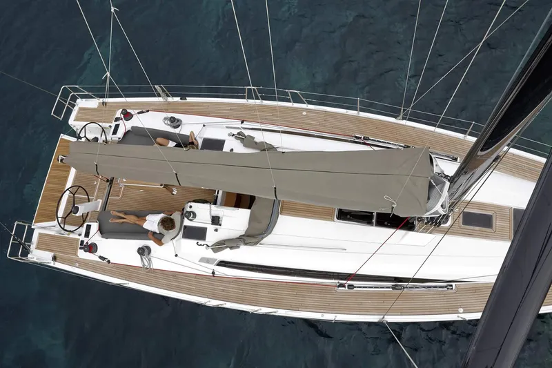 Slide: The Image of Modern interior of 2025 Dehler 46 yacht with skylights and cozy seating area. - 17