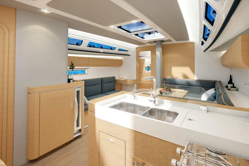 Slide: The Image of Modern interior cabin of 2025 Dehler 46 yacht with twin beds and wooden finish. - 25