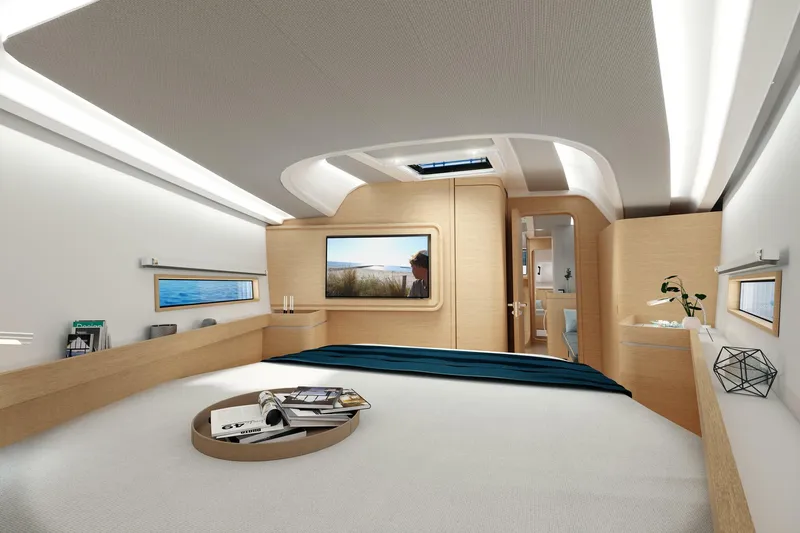 Slide: The Image of Luxurious interior of 2026 Dehler 46SQ yacht with modern kitchen and dining area. - 28