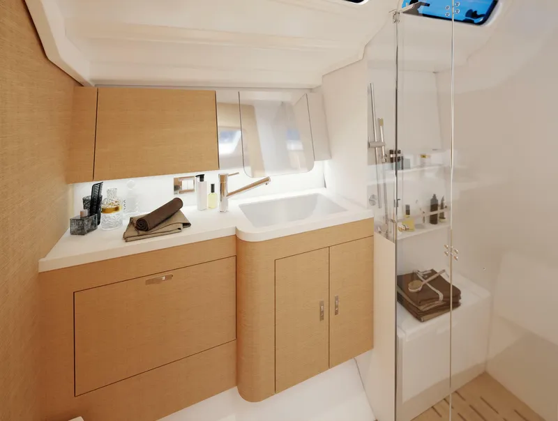 Slide: The Image of Luxurious interior of 2026 Dehler 46SQ yacht with elegant seating and dining area. - 29