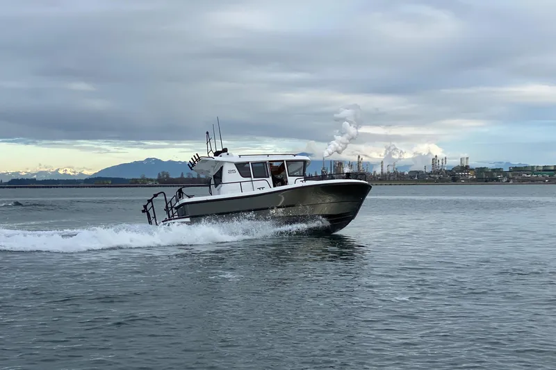 The Image of Sargo 25 boat cruising on water, 2021 model, industrial background. - 0