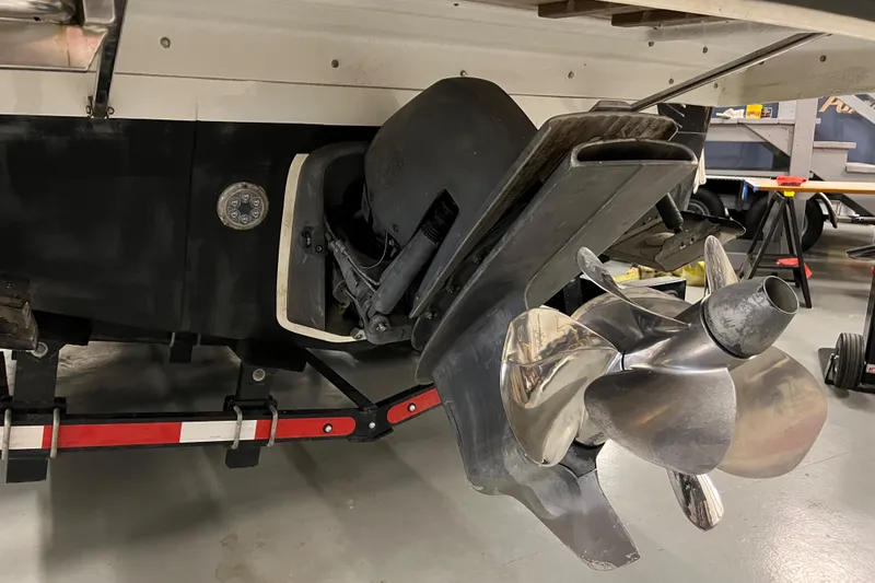 Slide: The Image of Close-up of the propeller and stern drive of a 2021 Sargo 25 boat. - 14