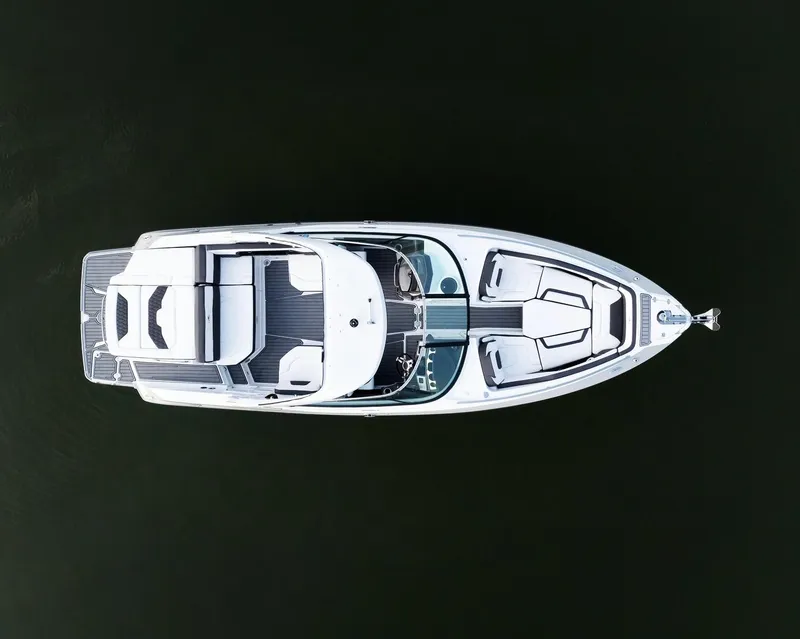 Slide: The Image of 2021 Monterey 298SS Super Sport boat on trailer, rear view, outdoors. - 4