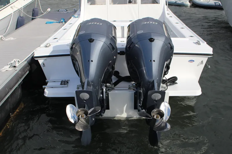 Slide: The Image of 2024 Steiger Craft 31 Miami with twin outboard engines docked. - 6