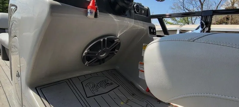 Slide: The Image of 2020 Ranger 2300LS boat interior with speaker and branded floor mat. - 12