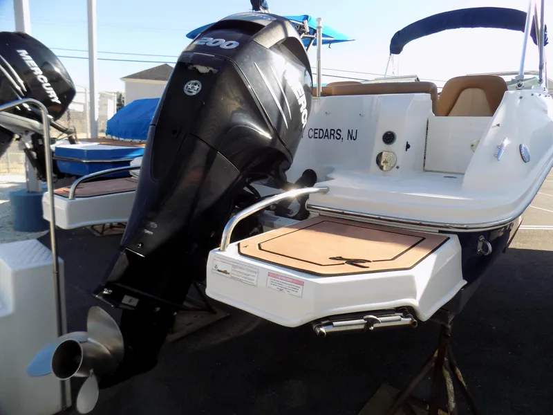 Slide: The Image of 2014 Sea Ray 220 Sundeck boat with powerful outboard motor, docked in Cedars, NJ. - 11