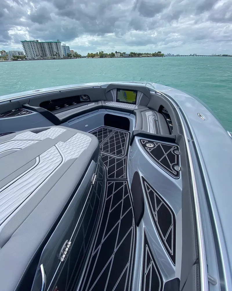 Slide: The Image of 2025 MTI V50 luxury boat interior with modern design on a calm sea. - 5