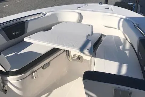 Slide: The Image of 2024 Robalo R200 Center Console boat interior with seating and table. - 12