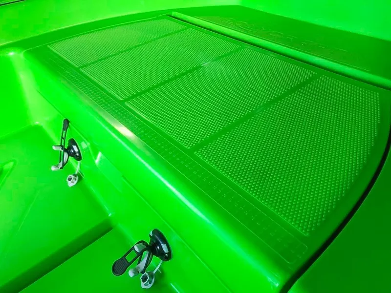 Slide: The Image of Green Polycraft 300 Tuffy 2021 boat deck with textured surface and secure latches. - 8