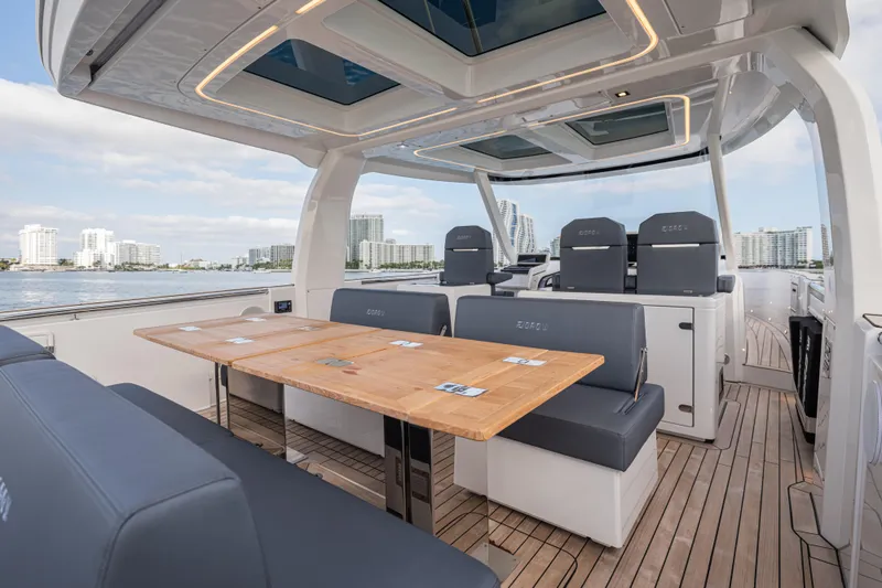 Slide: The Image of Luxurious 2024 Fjord 41 XL yacht interior with sleek seating and modern design. - 31