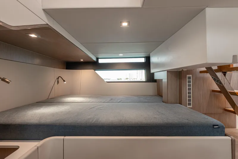 Slide: The Image of Luxurious interior cabin of 2024 Fjord 41 XL yacht with modern design and cozy bedding. - 49