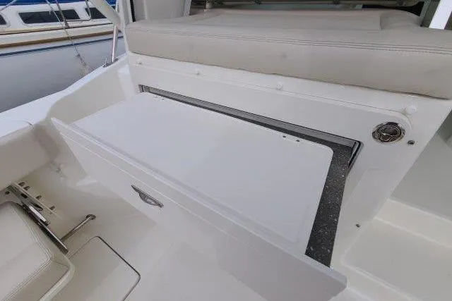 Slide: The Image of 2019 Boston Whaler 315 Conquest interior with open storage compartment. - 21