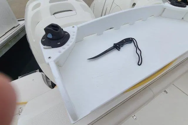 Slide: The Image of Boston Whaler 315 Conquest 2019 with a knife on a white cutting board. - 49