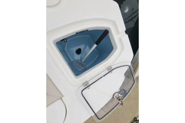 Slide: The Image of Livewell compartment on a 2019 Boston Whaler 315 Conquest boat, featuring a clear lid. - 50