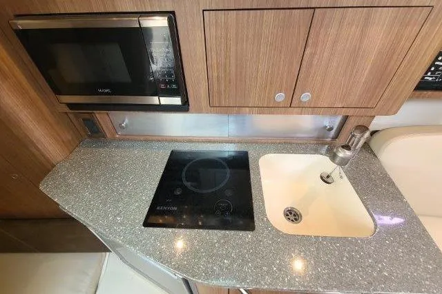 Slide: The Image of 2019 Boston Whaler 315 Conquest galley with microwave, stovetop, and sink. - 61