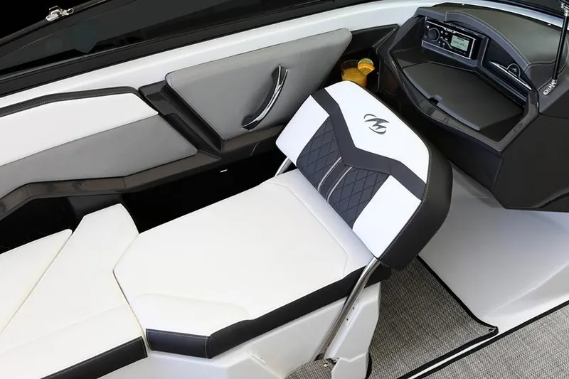 Slide: The Image of 2022 Monterey 238SS Super Sport boat interior with sleek white and gray seating. - 5
