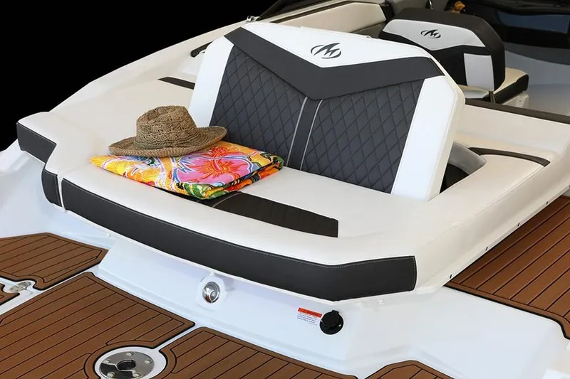 Slide: The Image of 2022 Monterey 238SS Super Sport boat interior with sleek, modern upholstery design. - 6