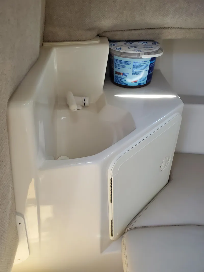 Slide: The Image of 2022 Sailfish 220 WAC interior with sink and storage compartment. - 12