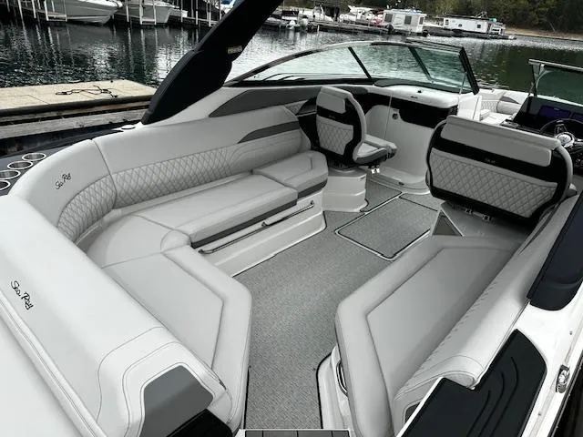 Slide: The Image of 2024 Sea Ray SLX 280 boat interior with luxurious seating and modern design. - 29