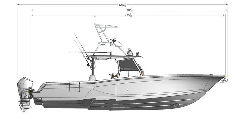Slide: The Image of 2025 Caymas 401 CC center console boat side profile. - 2