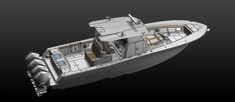 Slide: The Image of 2025 Caymas 401 CC boat with multiple outboard engines, top view. - 3