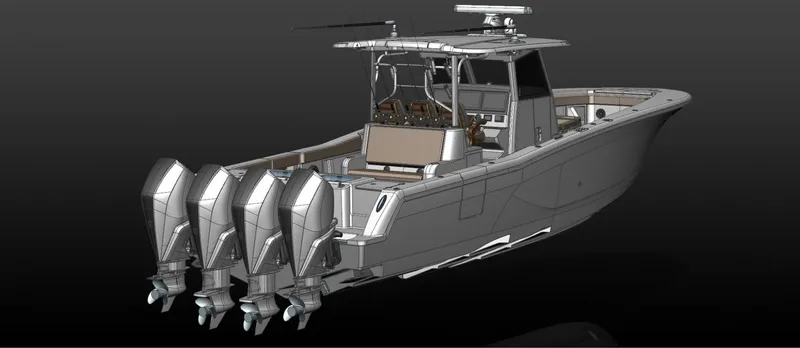 Slide: The Image of 2025 Caymas 401 CC boat with four outboard engines, side view. - 5