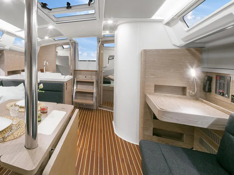 Slide: The Image of Luxurious interior of 2025 Hanse 388 yacht with modern design and wooden flooring. - 14