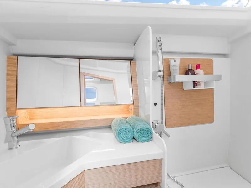 Slide: The Image of Modern bathroom interior of 2025 Hanse 388 yacht with sleek design and amenities. - 16
